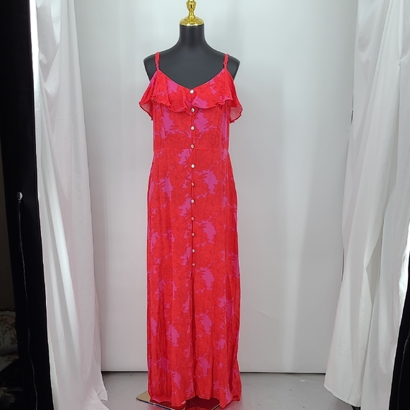Lily Rose Elegant Pink Red Ruffle Floral Maxi Dress Adjustable Straps Size XXL - Picture 1 of 5